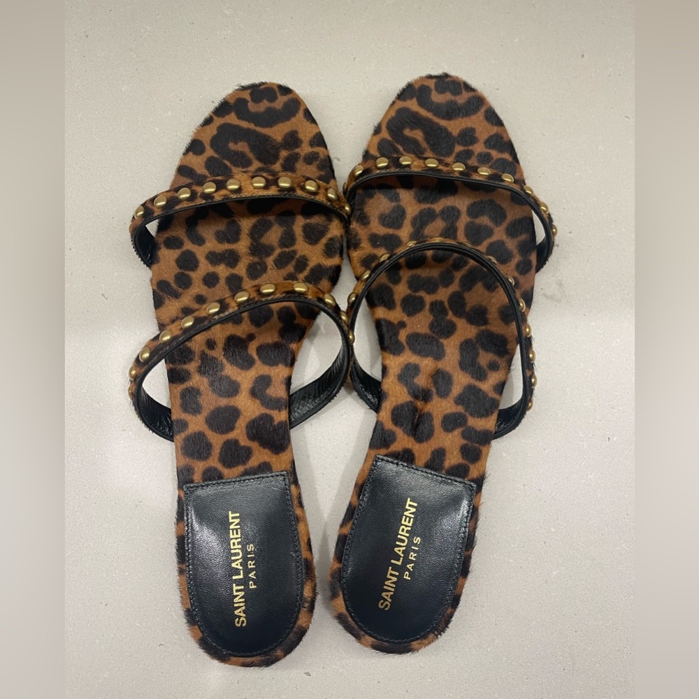 Saint Laurent double strap leopard calf hair flat sandals with gold studs